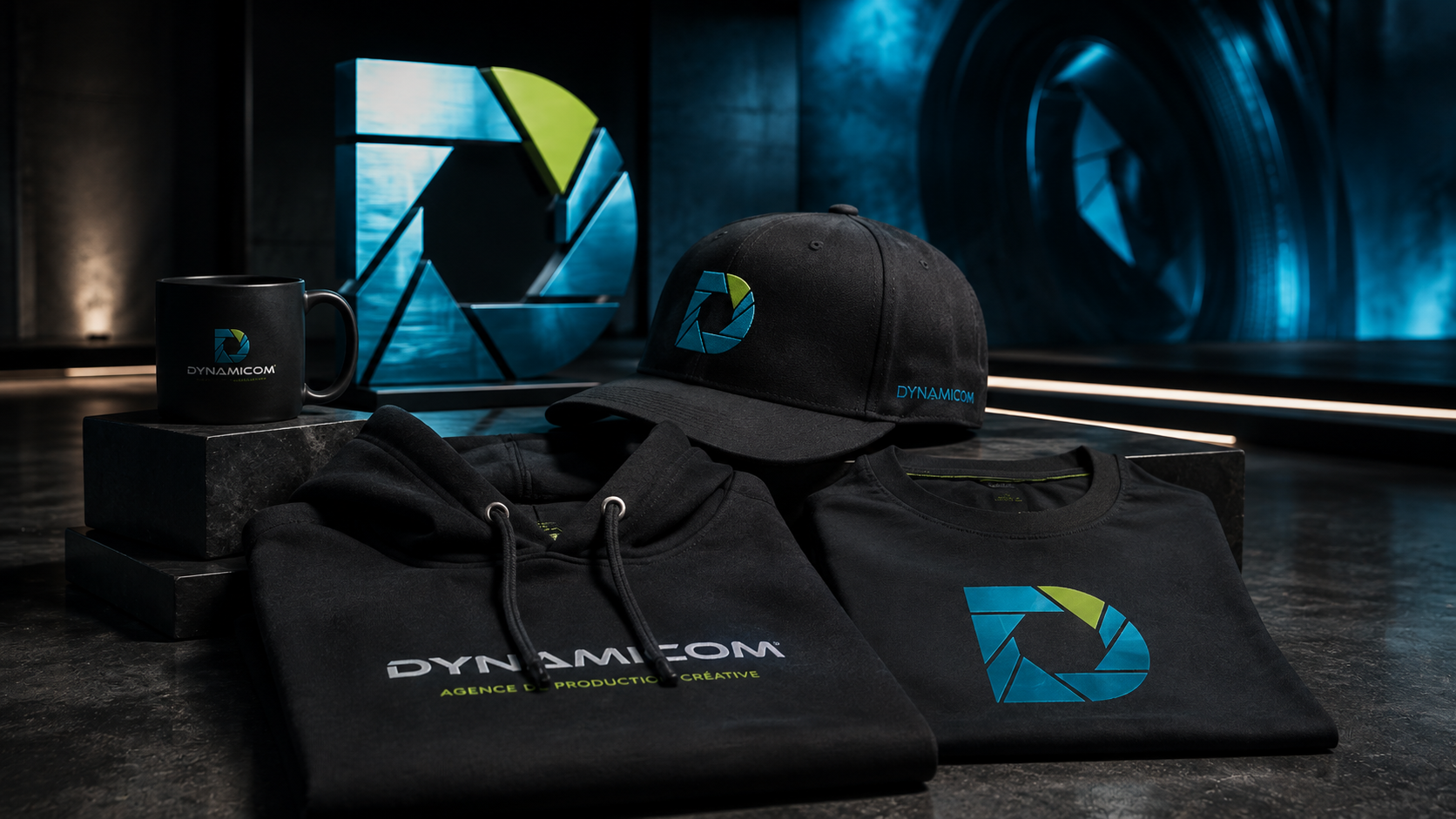 Hoodie, t-shirt, casquette et tasse Dynamicom disposés sur un plancher de studio sombre