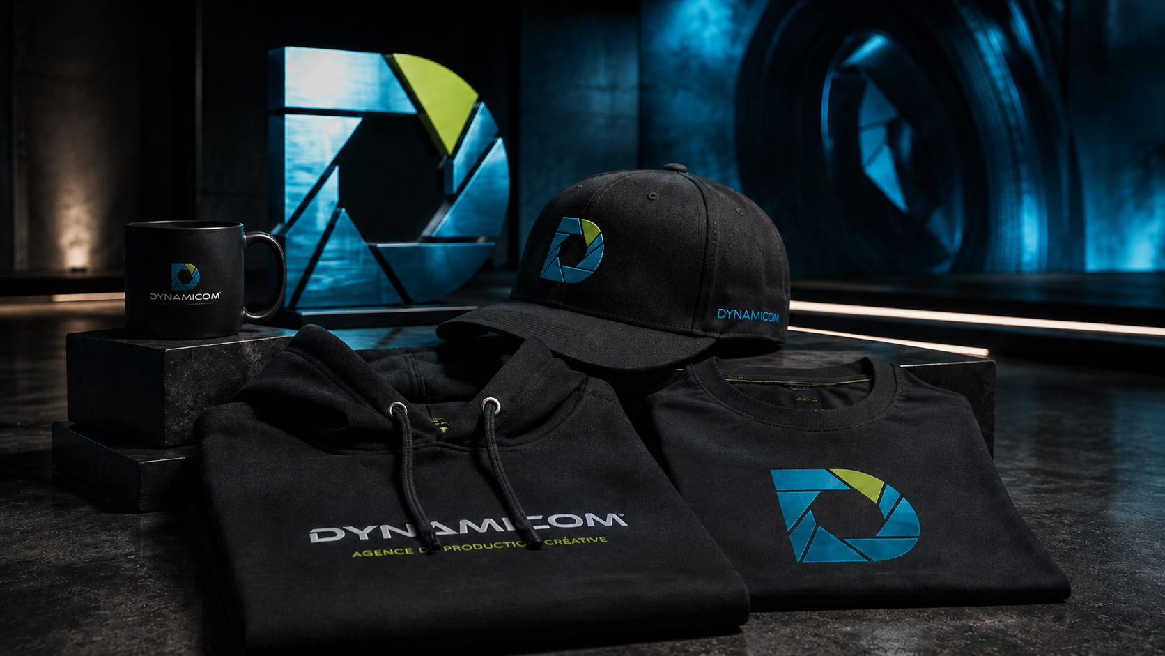 Hoodie, t-shirt, casquette et tasse Dynamicom disposés sur un plancher de studio sombre