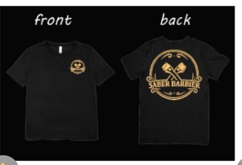 T-shirt noir vu de face et de dos avec un logo doré de barbier
